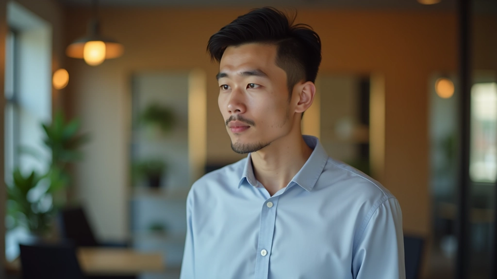 Person sitting in quiet space, hands resting on desk, calm expression, warm lighting