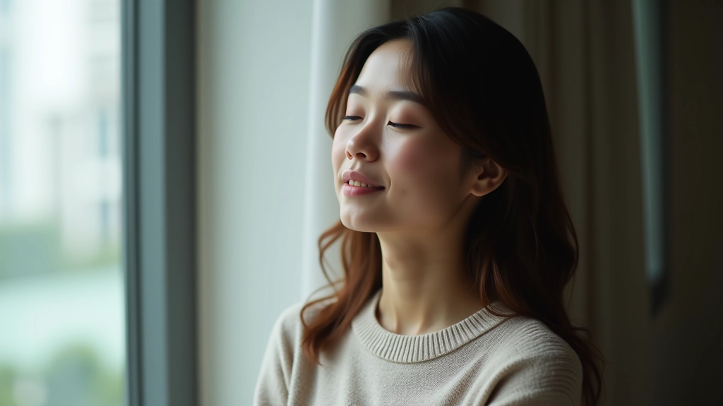 Person practicing breathing exercises, eyes closed, relaxed shoulders, peaceful expression, natural window light