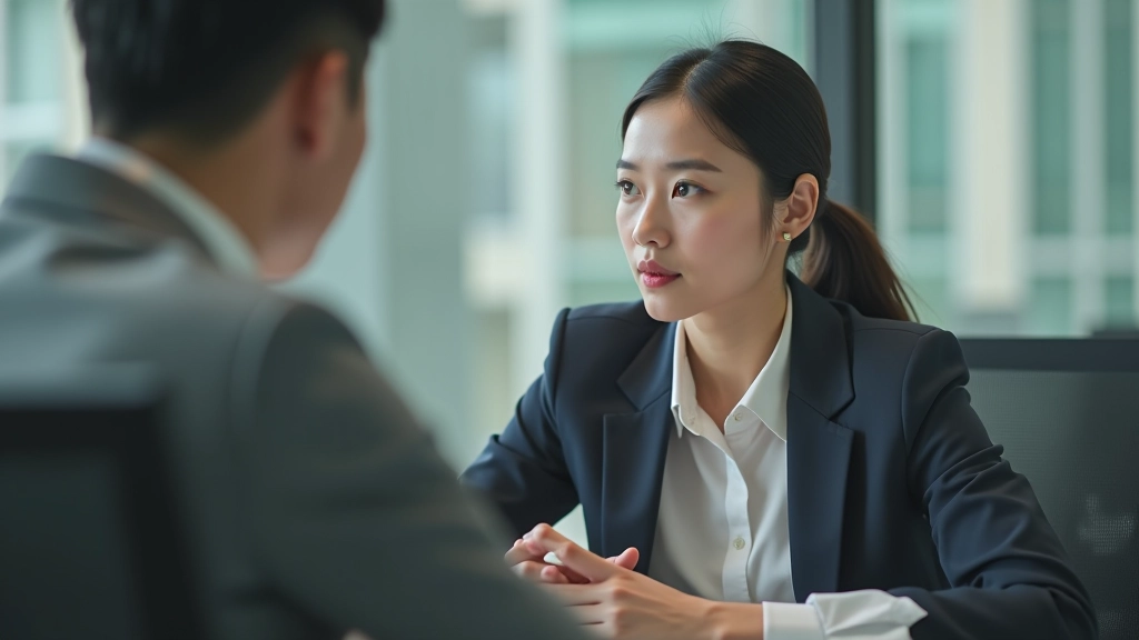 Woman at desk with notepad, hands relaxed, eyes focused on conversation partner without distraction